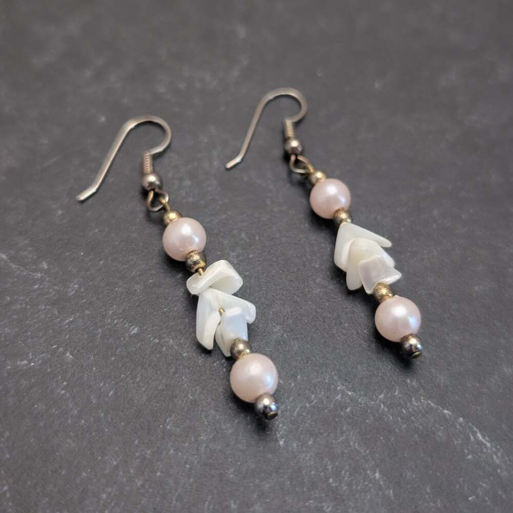 Vintage Hook Dangle Earrings Pink and Cream Dangle Drop Earrings